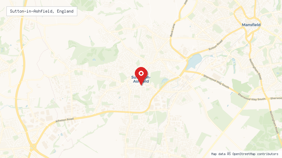 Street map of Sutton-in-Ashfield, England with location pin