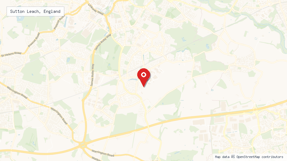 Street map of Sutton Leach, England with location pin