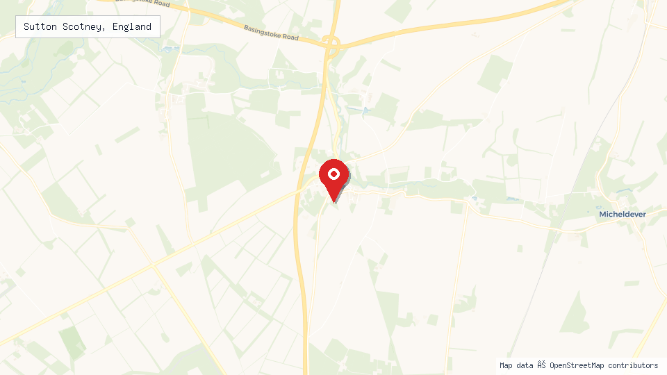 Street map of Sutton Scotney, England with location pin
