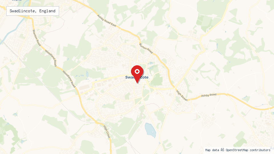 Street map of Swadlincote, England with location pin