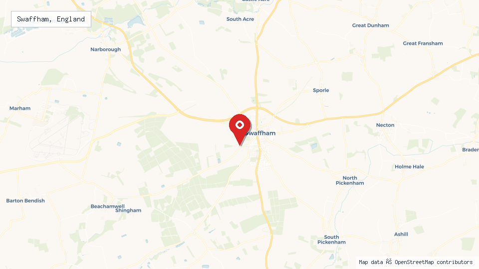 Street map of Swaffham, England with location pin