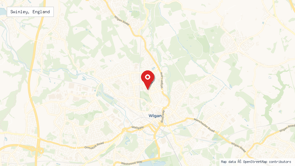 Street map of Swinley, England with location pin