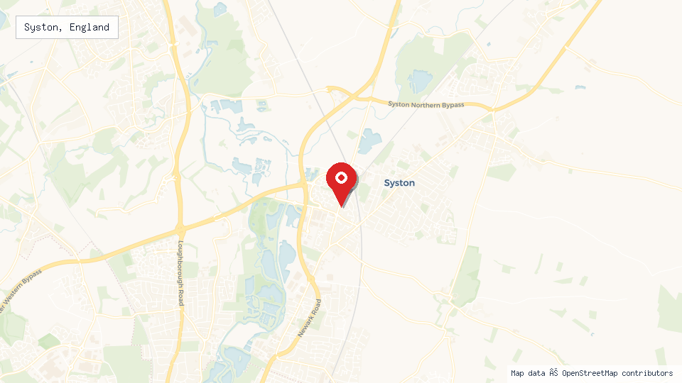 Street map of Syston, England with location pin