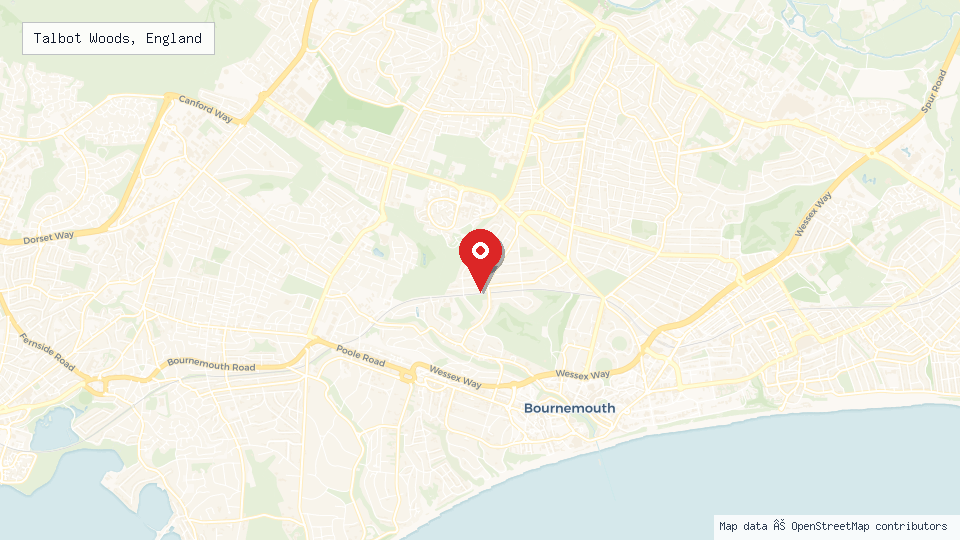 Street map of Talbot Woods, England with location pin