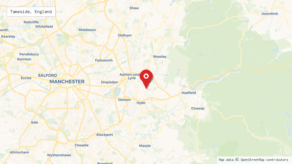 Street map of Tameside, England with location pin