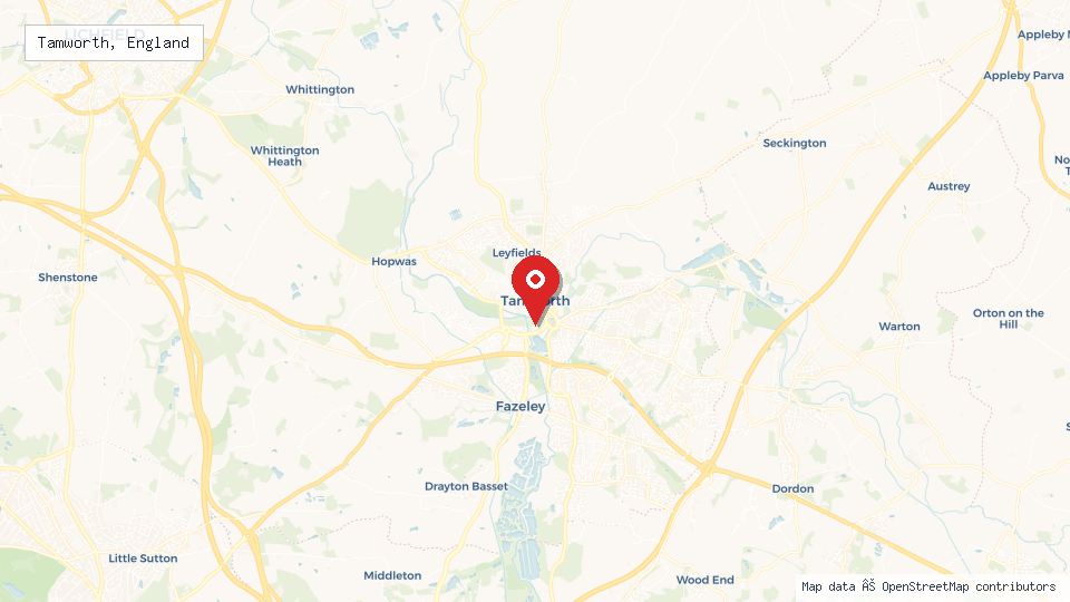 Street map of Tamworth, England with location pin
