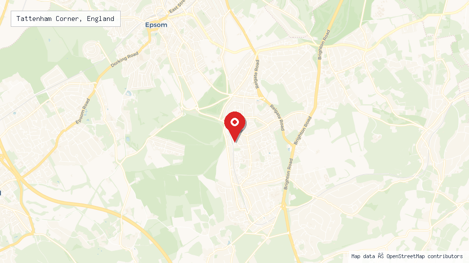 Street map of Tattenham Corner, England with location pin