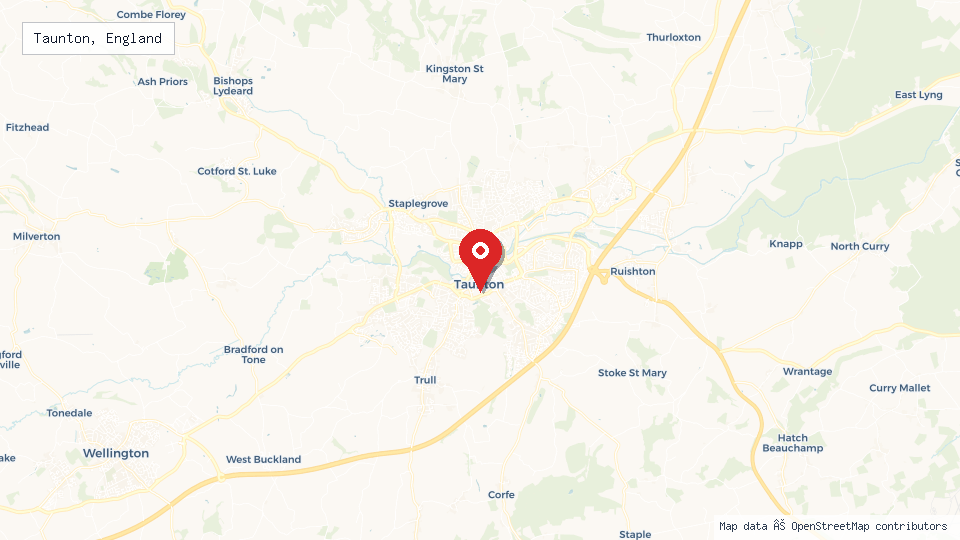 Street map of Taunton, England with location pin