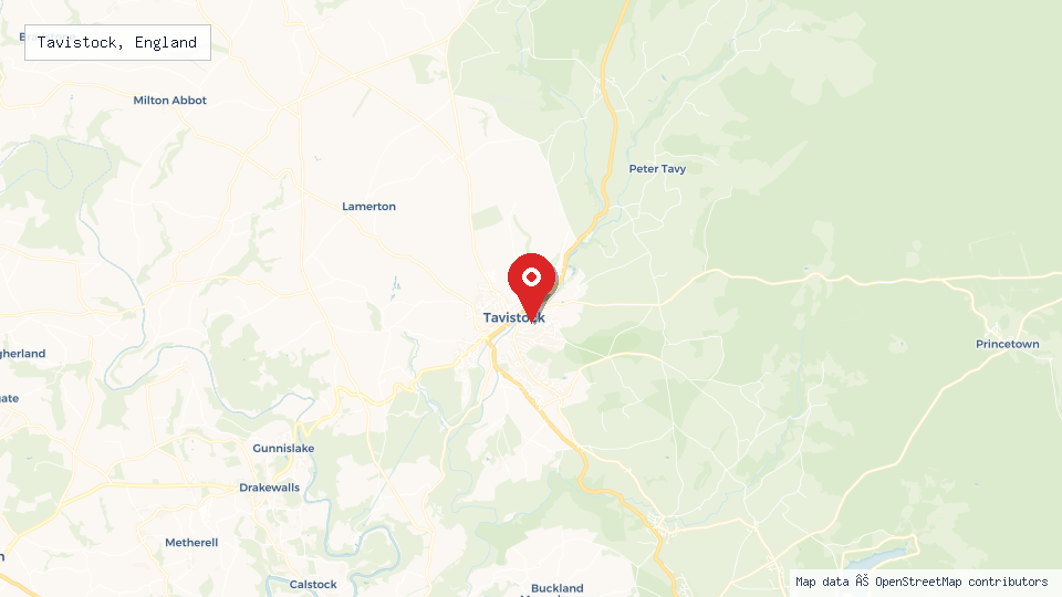 Street map of Tavistock, England with location pin