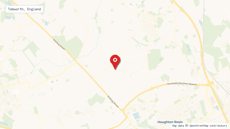 Street map of Tebworth, England with location pin