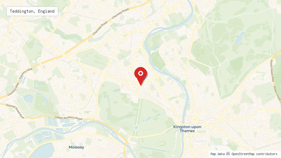 Street map of Teddington, England with location pin