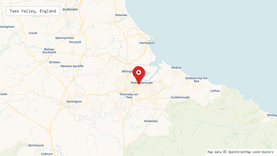 Street map of Tees Valley, England with location pin