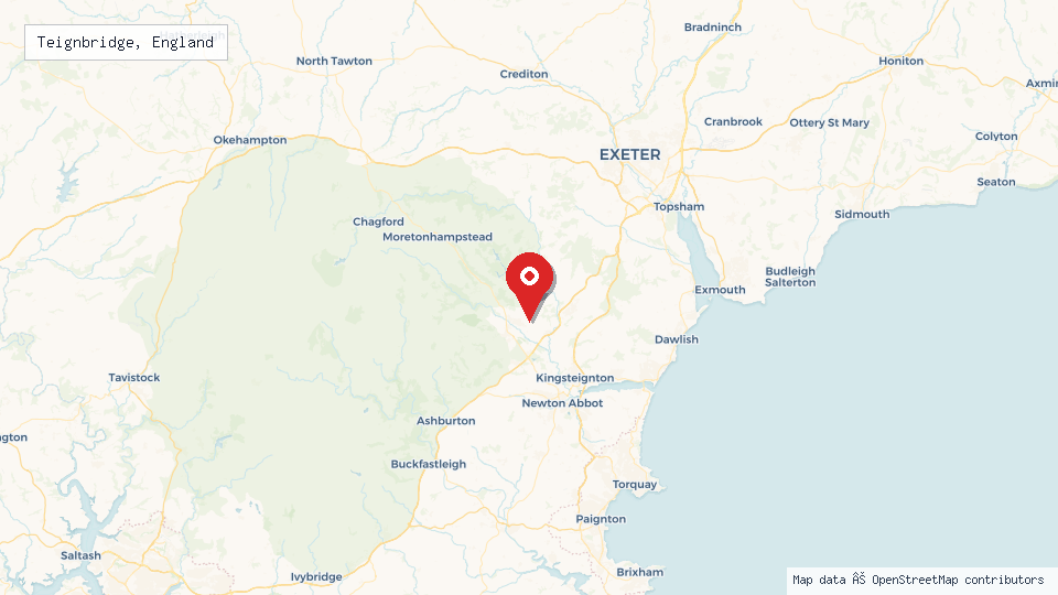Street map of Teignbridge, England with location pin