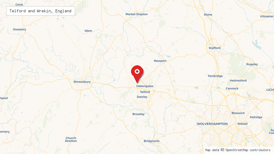 Street map of Telford and Wrekin, England with location pin
