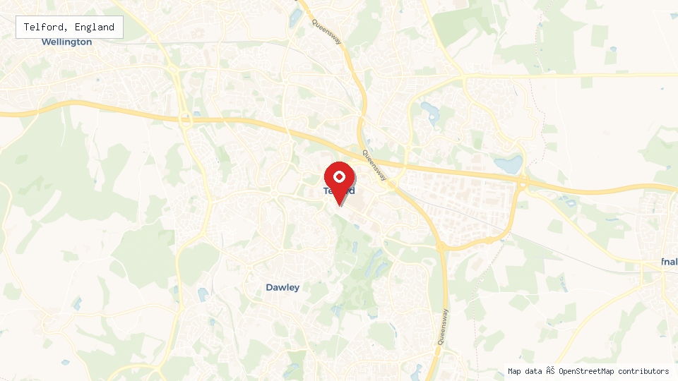 Street map of Telford, England with location pin