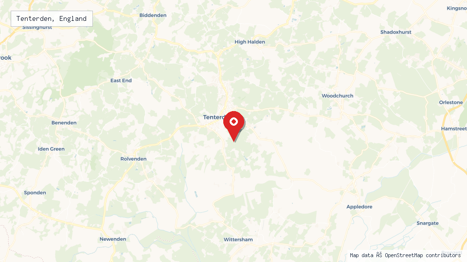 Street map of Tenterden, England with location pin