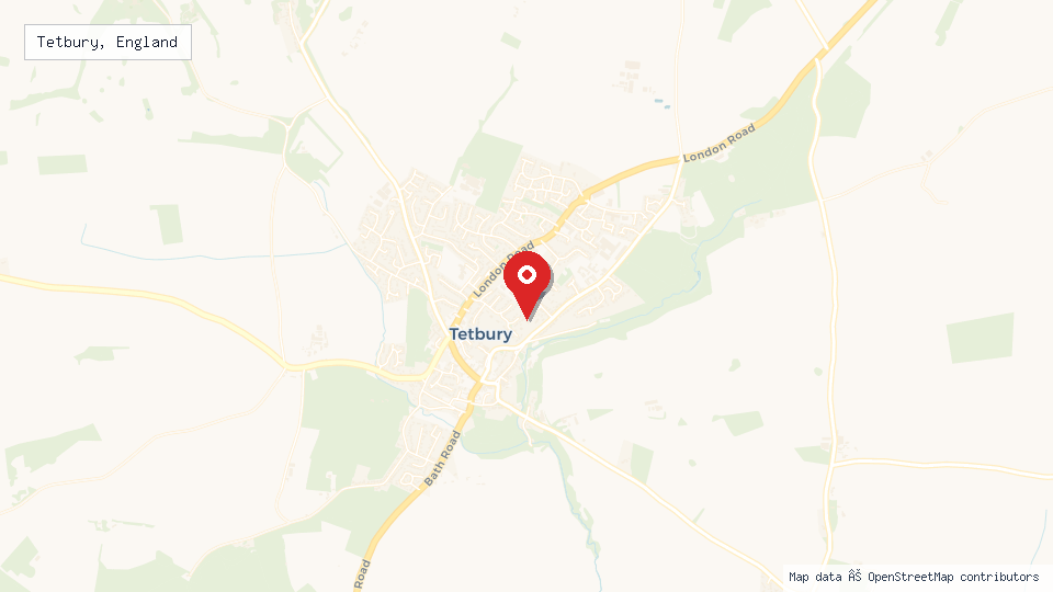Street map of Tetbury, England with location pin