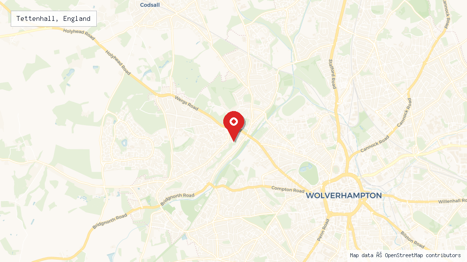 Street map of Tettenhall, England with location pin