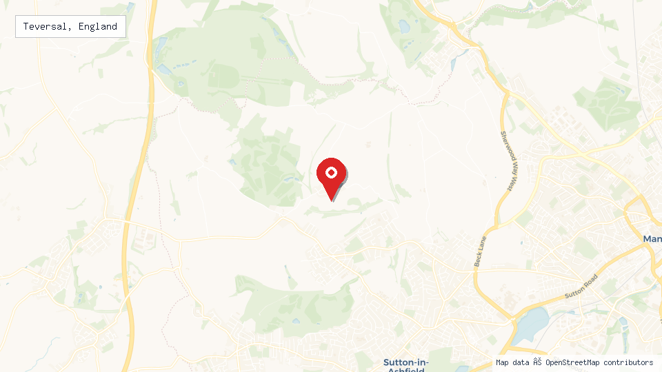 Street map of Teversal, England with location pin