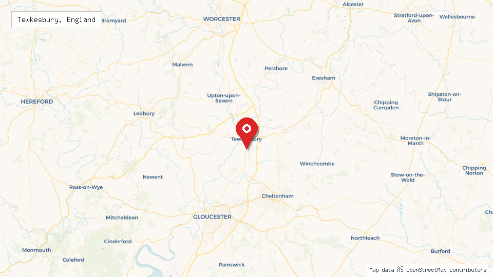 Street map of Tewkesbury, England with location pin