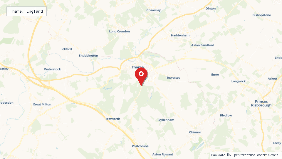 Street map of Thame, England with location pin
