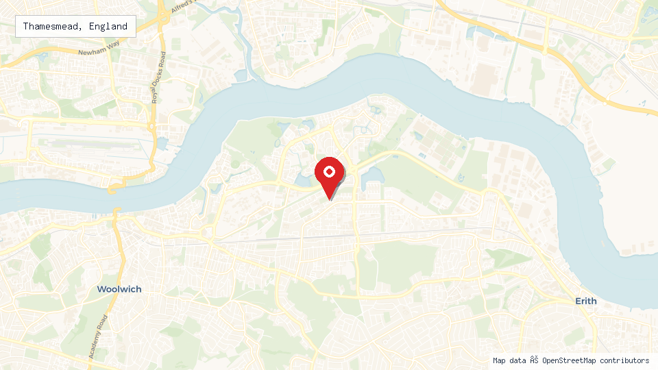 Street map of Thamesmead, England with location pin