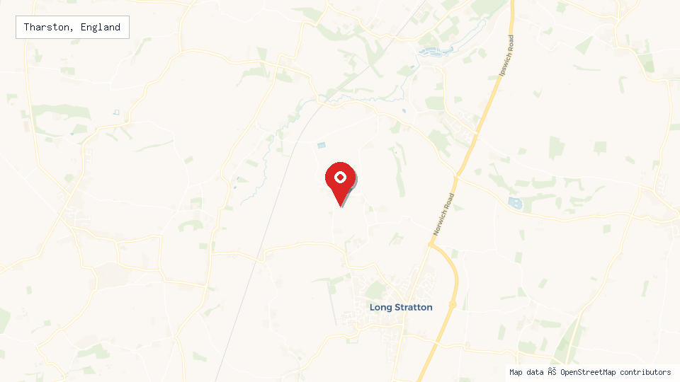 Street map of Tharston, England with location pin