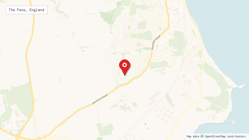 Street map of The Fens, England with location pin