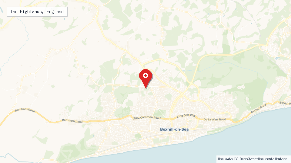 Street map of The Highlands, England with location pin