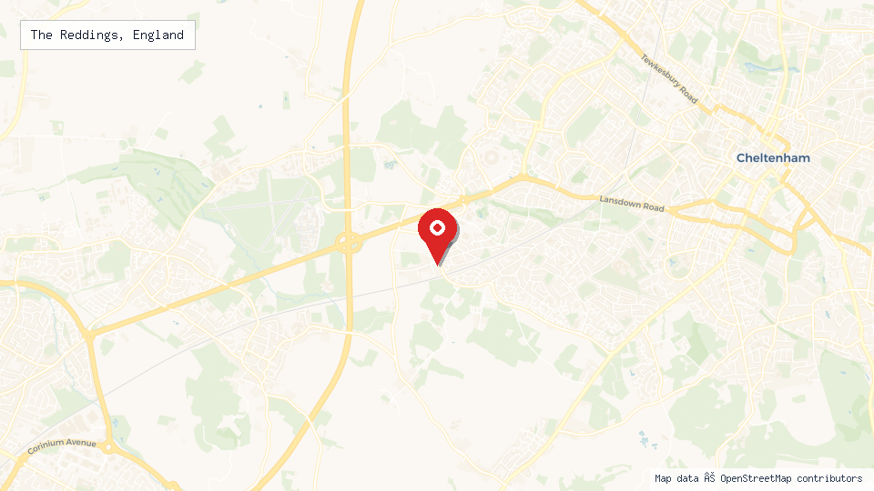 Street map of The Reddings, England with location pin