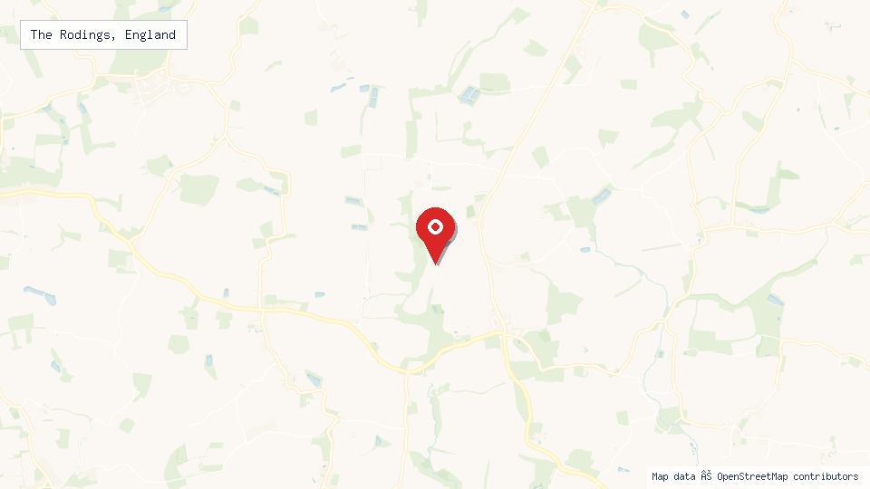 Street map of The Rodings, England with location pin