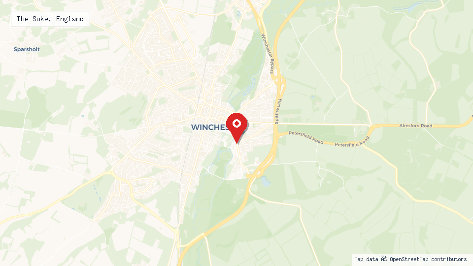 Street map of The Soke, England with location pin