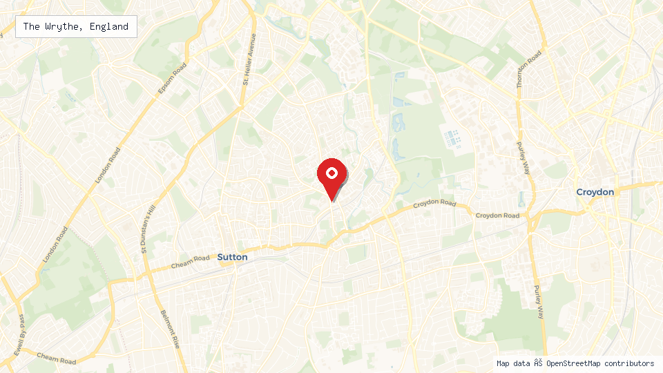 Street map of The Wrythe, England with location pin