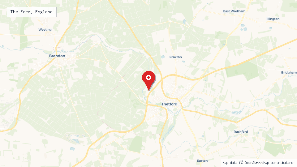 Street map of Thetford, England with location pin