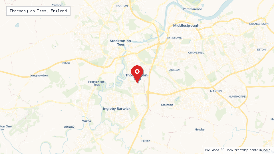 Street map of Thornaby-on-Tees, England with location pin