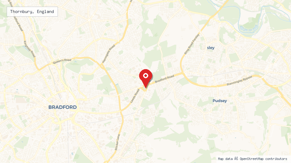 Street map of Thornbury, England with location pin