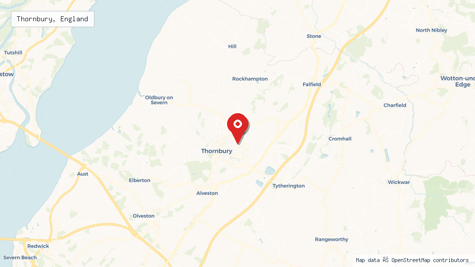 Street map of Thornbury, England with location pin