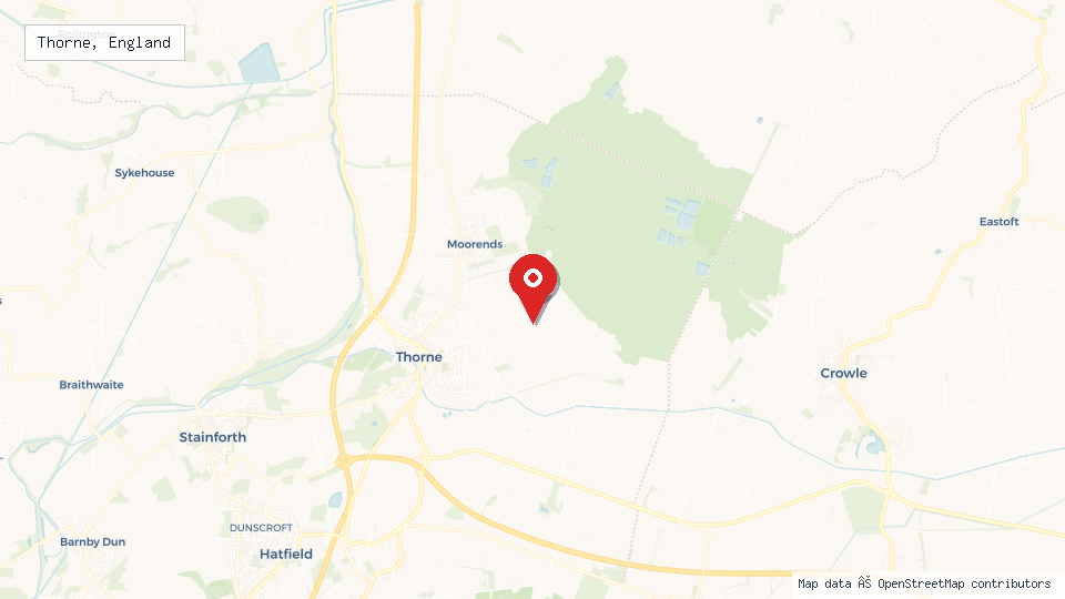 Street map of Thorne, England with location pin