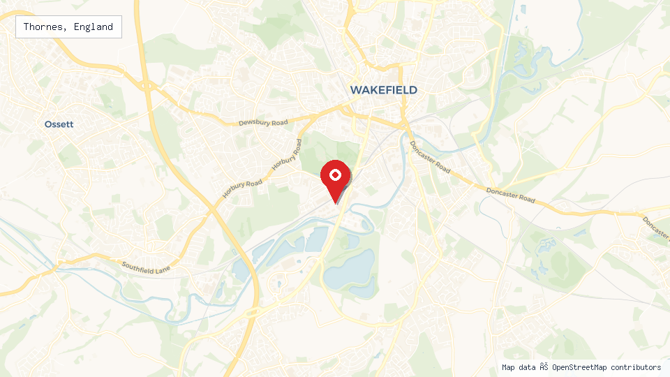 Street map of Thornes, England with location pin