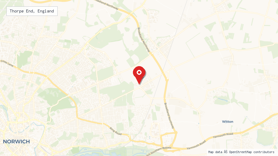 Street map of Thorpe End, England with location pin