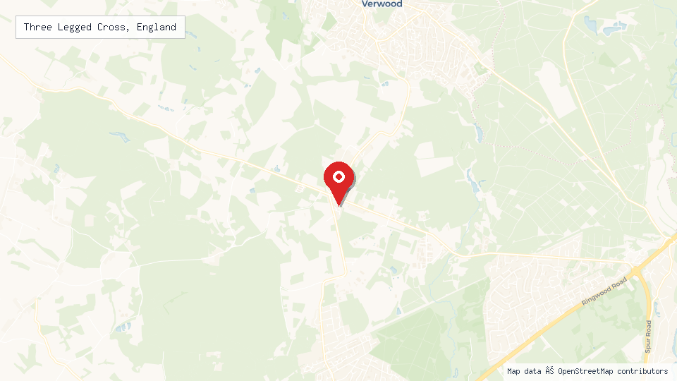 Street map of Three Legged Cross, England with location pin