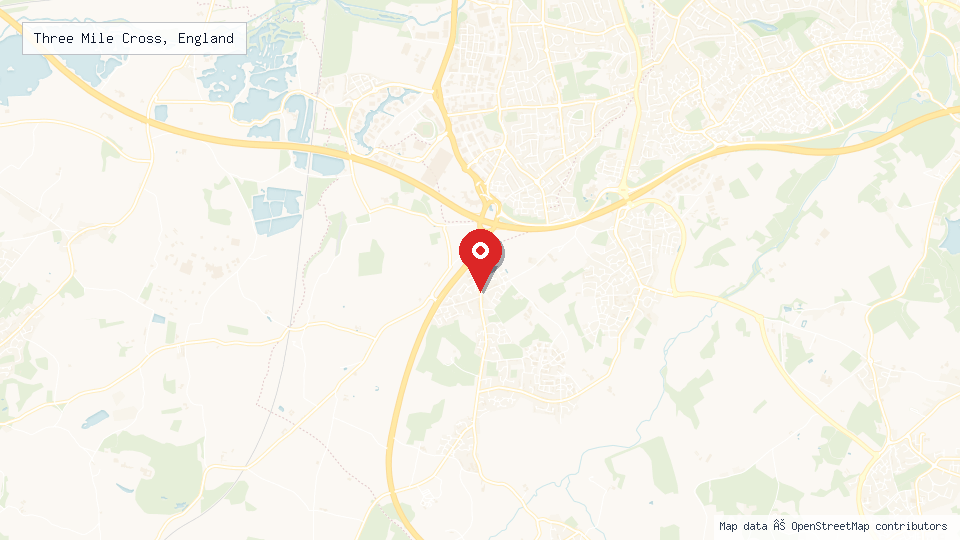 Street map of Three Mile Cross, England with location pin