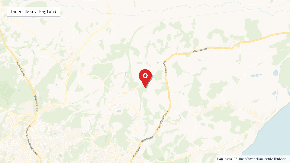 Street map of Three Oaks, England with location pin