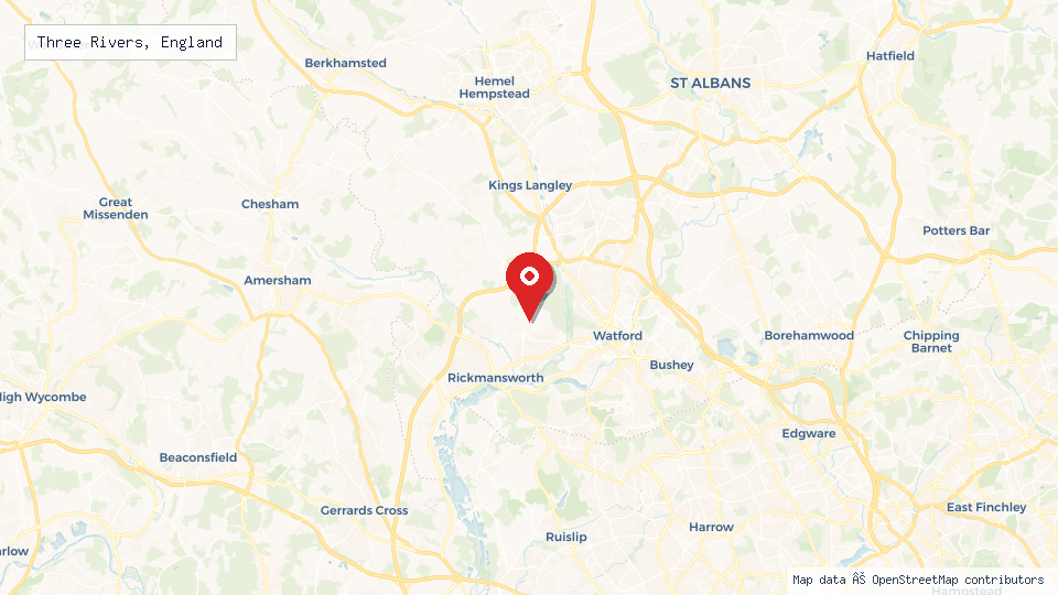 Street map of Three Rivers, England with location pin