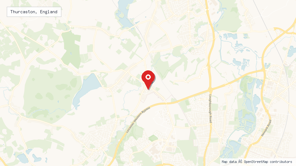 Street map of Thurcaston, England with location pin