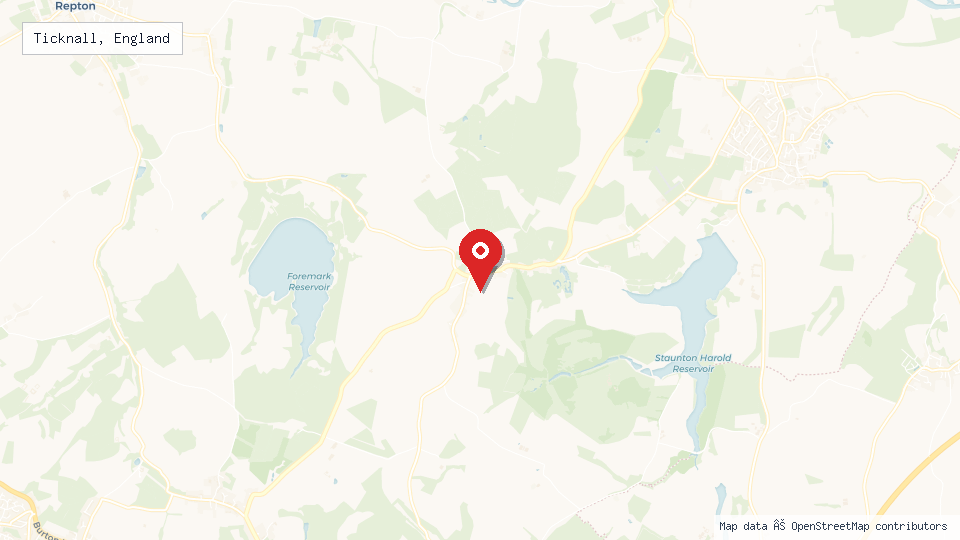 Street map of Ticknall, England with location pin