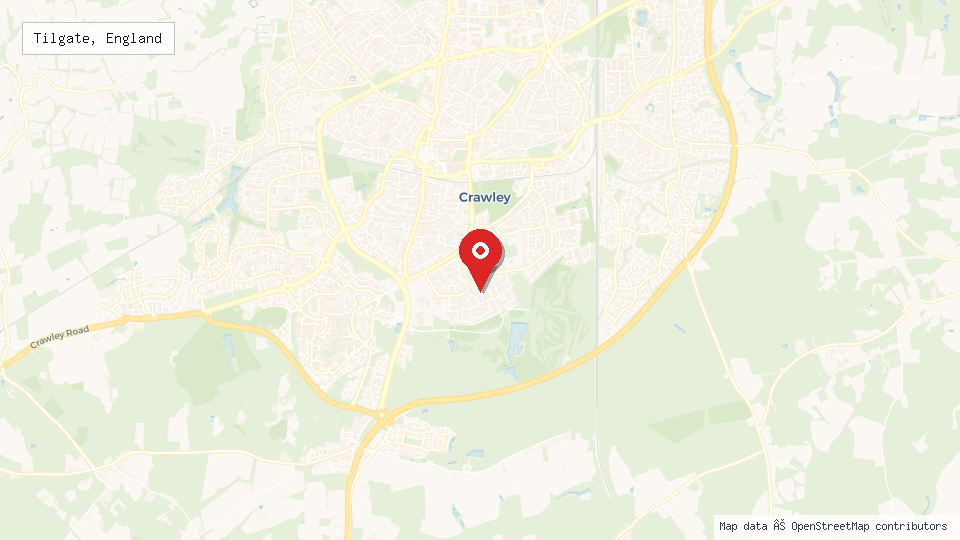 Street map of Tilgate, England with location pin