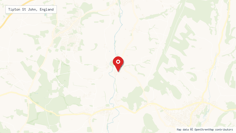 Street map of Tipton St John, England with location pin