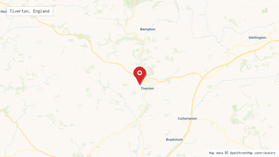 Street map of Tiverton, England with location pin