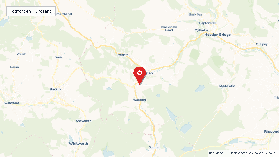 Street map of Todmorden, England with location pin